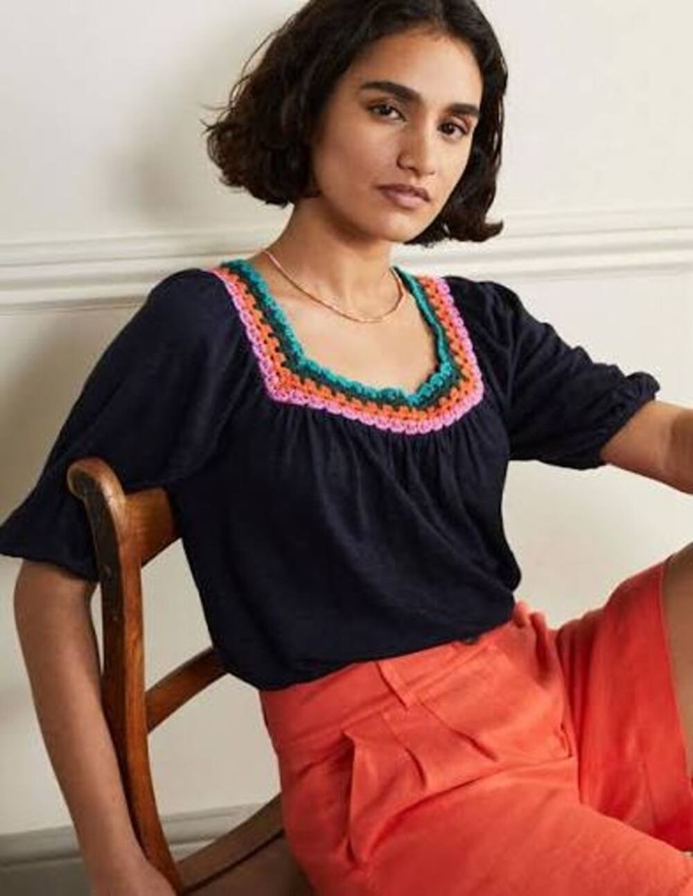 NWT Boden Womens Crochet Neck Top Linen Boho Flowy Relaxed Puff Sleeve Navy 10